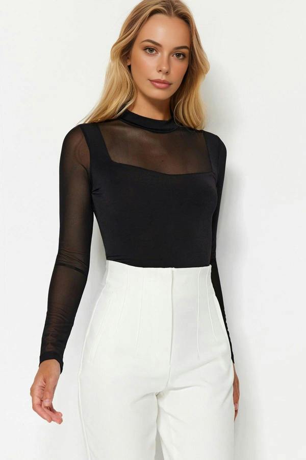 WOVCOR Tulle Detailed Stand-Up Collar Knit Bodysuit