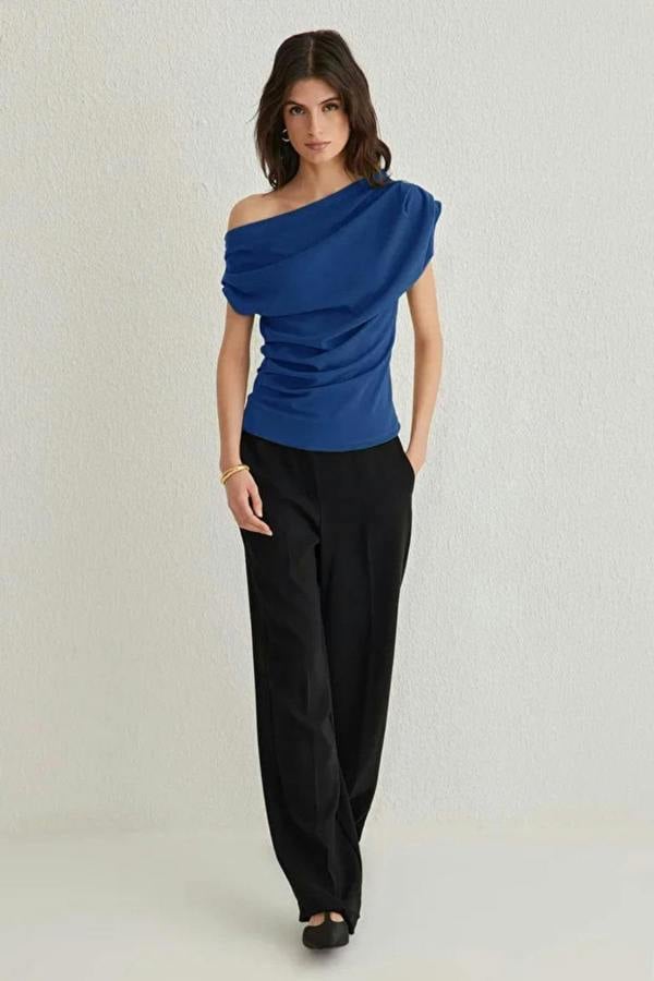 Hoxton Gal Draped, Gathered Detail Knit Blouse with Asymmetric Neckline
