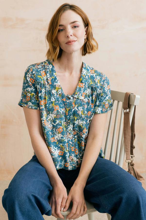Lily & Me Lowlands Organic Ditsy Print Blouse Petrol