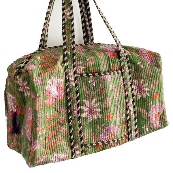 Hayley & Co Green Floral Block Print Cotton Quilted Weekend Duffle Bag