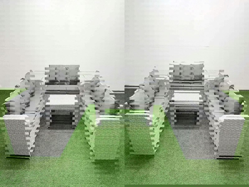 Fimous PE Rattan Lounge Sofa Set 9 Seater Outdoor Garden Furniture Set with Oblong Coffee Table 3 Seater Sofa 2 Side Table Light Grey