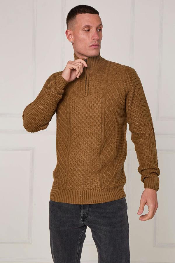 Men’s Half Zip Cable Knit Textured Jumper