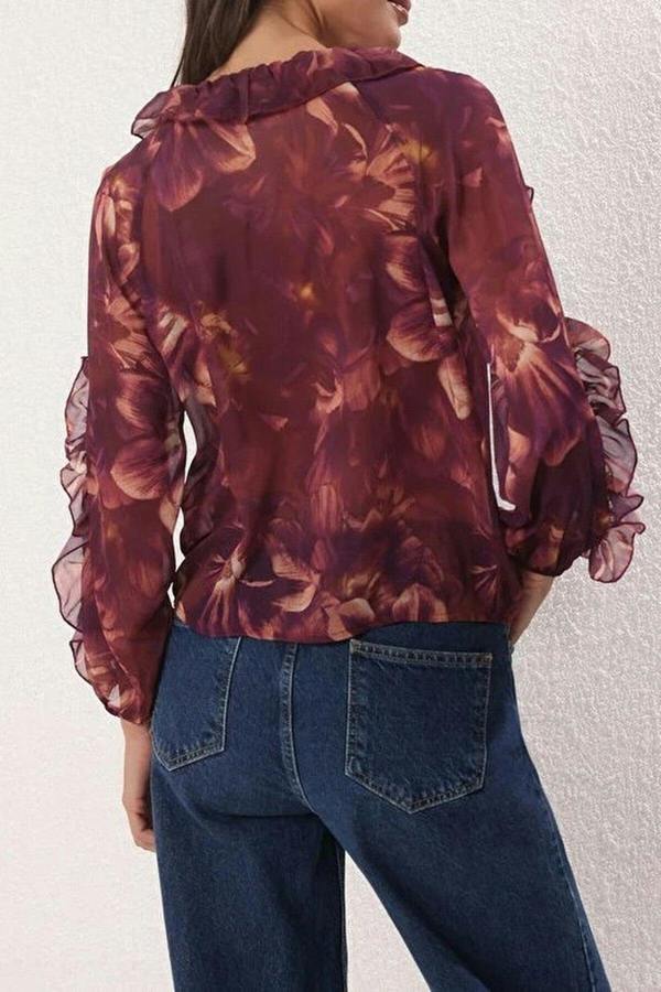 WOVCOR Chiffon Transparent Floral Ruffled Woven Shirt