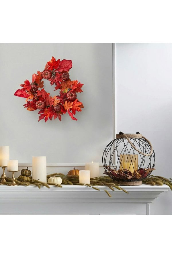 Living and Home Halloween Thanksgiving Fall Maple Leaf Pumpkin Wreath Artificial Wreath Front Door Decoration