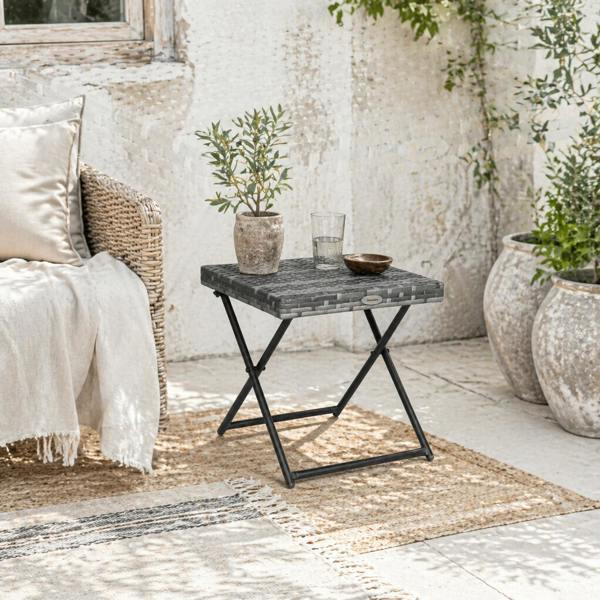 Wyld Haus Tasaso Faux Rattan Grey Square Folding Outdoor Side Table With Steel Frame