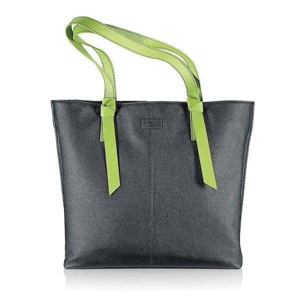 Pia Navy Leather Tote Bag, Colour Block Design with Lime Green Handles