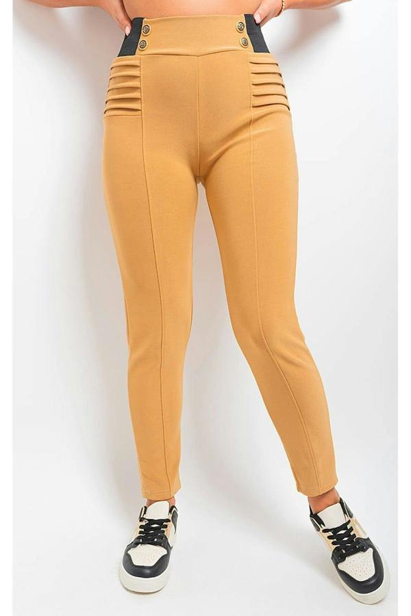 Ariah Elastic Waist Button Detail Leggings - Beige