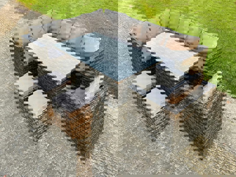 Fimous 9 Seats Dark Mixed Grey Rattan Garden Furniture Corner Sofa Set Adjustable Dining Or Coffee Table Chair Left Corner