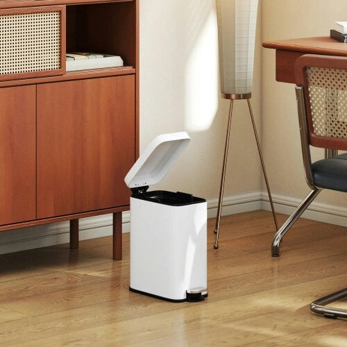 Bobobiy 5L Rectangular Compact Bin Steel Body Removable Bucket Quiet-Close Lid with Pedal Lid Rubbish Trash Can Office Bedroom Bathroom Living White