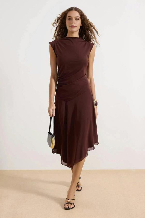 WOVCOR Boat Neck Gathered Maxi Tulle Knit Dress