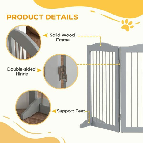 Grey pet gate details: solid frame, double-sided hinge, and support feet
