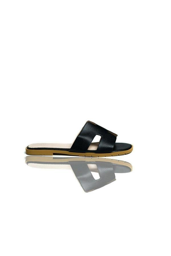 Nora Faux Leather Slip On Sandals - BLACK