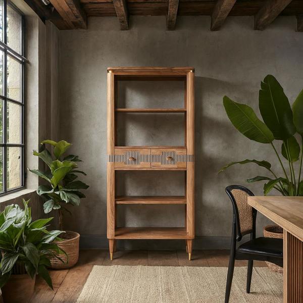 Wyld Haus Idaho Natural Acacia Wood and Brass Display Cabinet with 2 Drawers