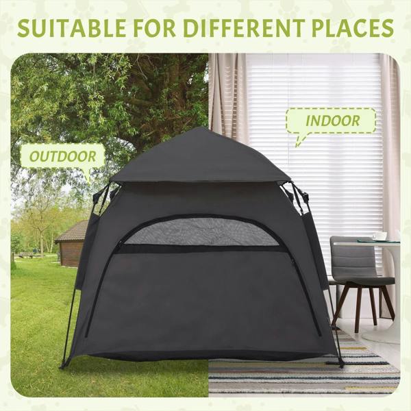 Charcoal gray outdoor indoor pet tent with curved roof and mesh side panels