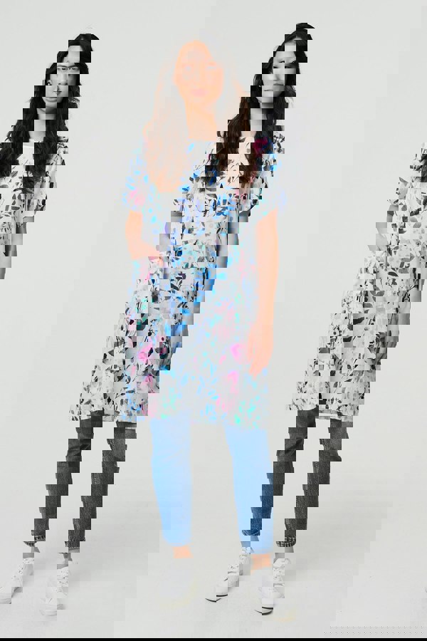 Blue | Leaf Print Pocket Front Short Shift Dress
