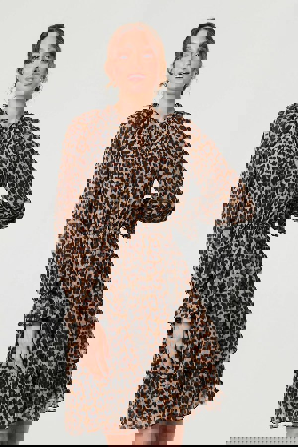 Brown | Animal Print Ruched Tie Neck Short Dress
