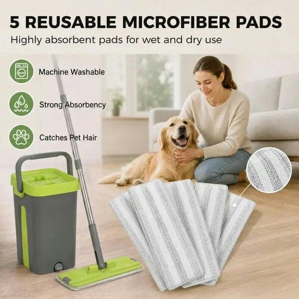 Bobobiy Mop and Bucket with Wringer Set, Flat Mop and Bucket with 2 Chambers, Rotating Head, Wet and Dry Use, Dark Grey