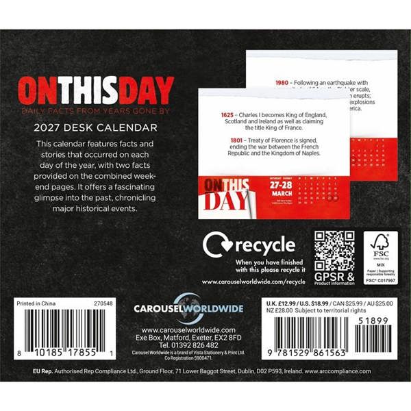 On This Day Desk Calendar 2027, Desk Calendars, Day To View, History & Literature, Gift