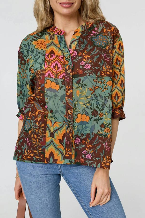 Sage | Patchwork 3/4 Sleeve Curve Hem Blouse