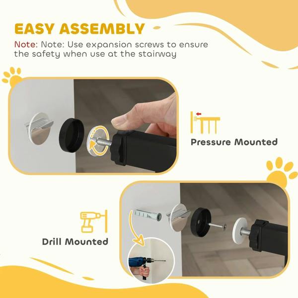 Black pet safety gate assembly diagram for pressure mounting and drill mounting