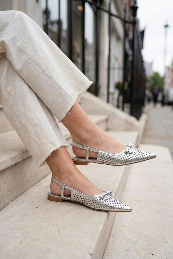 Anouk Metallic Cut Out Bow Slingback Flats - Silver