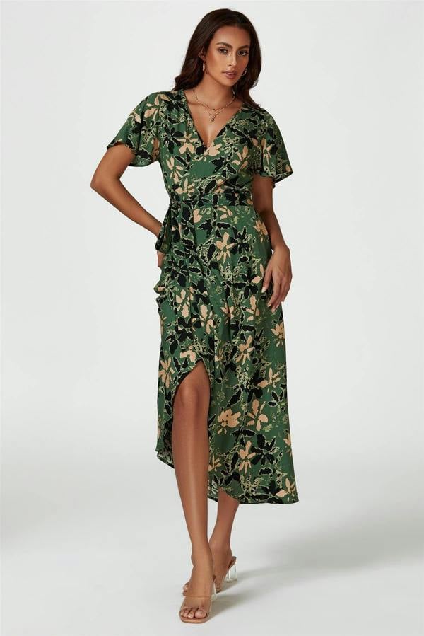 FS Collection Abstract Floral Wrap Maxi Dress In Olive