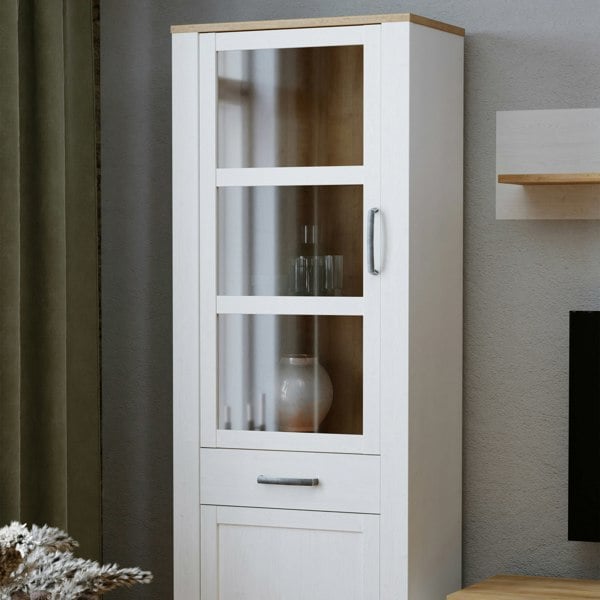 Furniture To Go Bohol Narrow Display Cabinet inc. 2x LED Lights in Riviera Oak/White