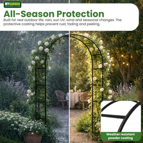 My Garden Outdoor Living Metal Garden Arch 2.4M, Florence Garden Arbour with Ground Stakes for Climbing Roses, Flowers & Plants, Indoor/Outdoor