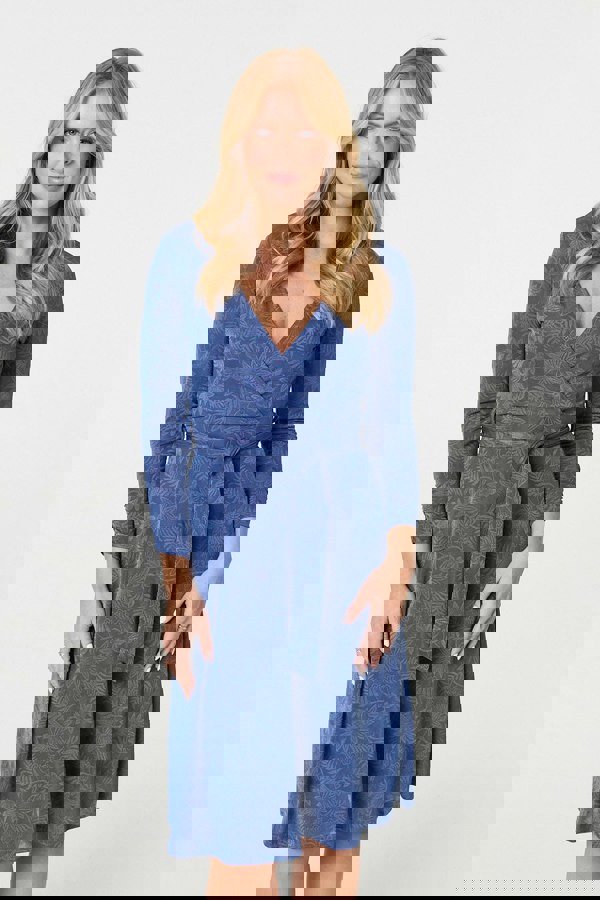 Blue | Floral Embossed Tie Waist Knee Length Dress

