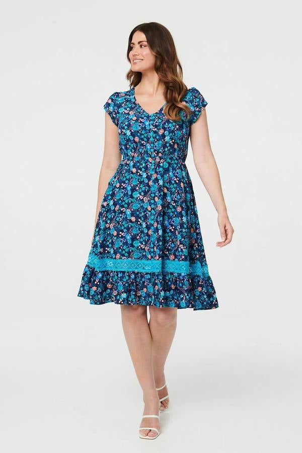 Navy | Ditsy Floral Lace Trim Knee Length Dress