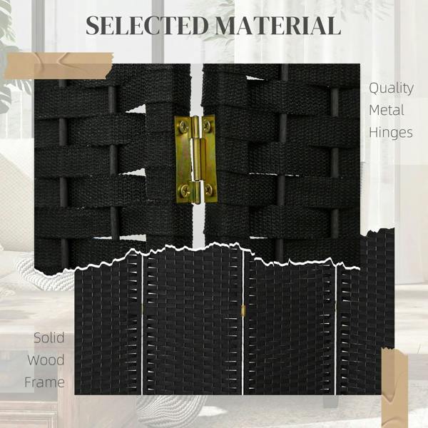 Black woven 6-panel room divider showing metal hinge connection detail