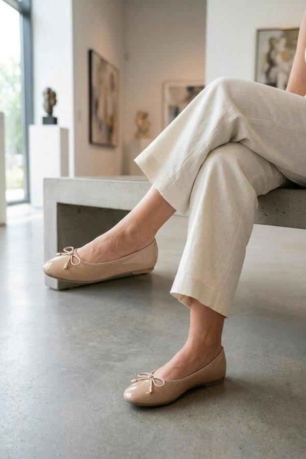 Constance Patent Bow Detail Ballet Pumps - Beige