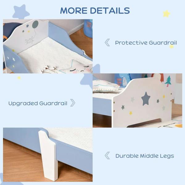 Toddler bed frame with blue guardrail panel and white corner posts, star decorations