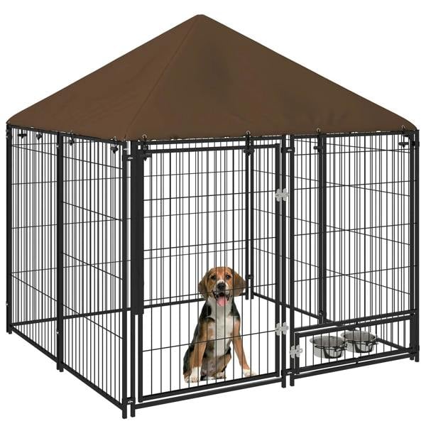 Outdoor dog playpen kennel with brown canopy and black metal wire panels