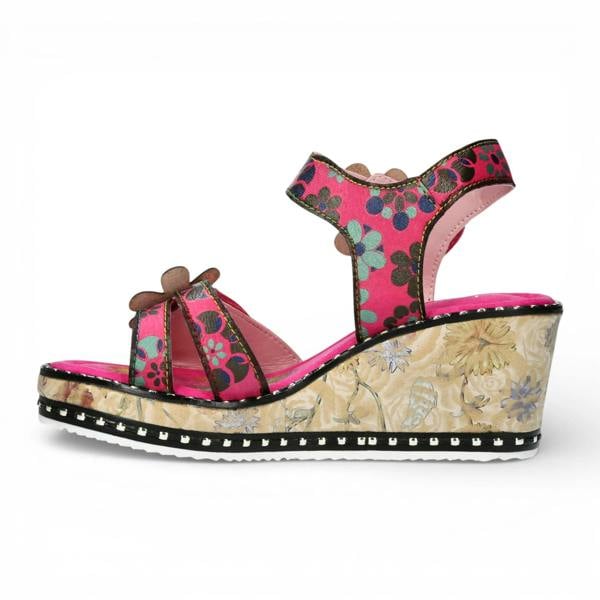 Laura Vita Ballon 08 - Women's Pink Floral Leather Wedge Sandals