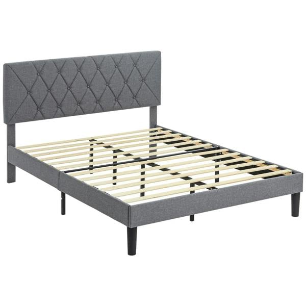 Grey double bed frame with linen upholstered tufted headboard and slatted base