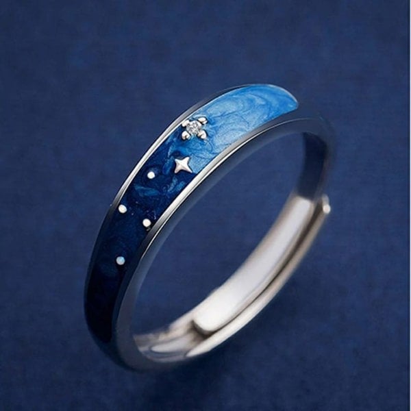 The Colourful Aura Silver Blue Star Couple Space Adjustable Promise Ring Set