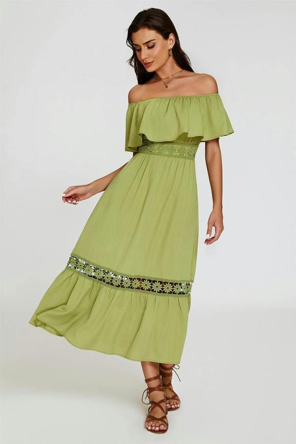 FS Collection Lace Detail Bardot Maxi Dress In Green