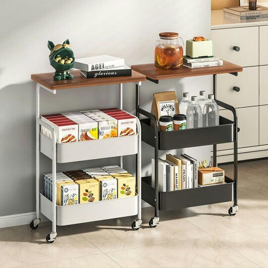 Havendro Three-Tier Mobile Storage Cart | Wooden Desktop with Sturdy Metal Frame