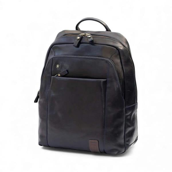 Navy leather backpack on a white background