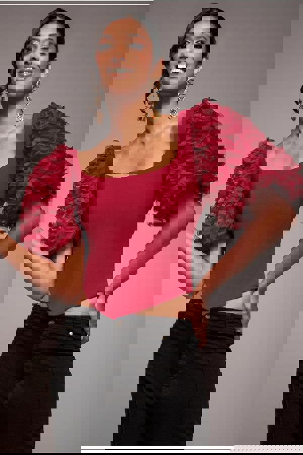 3D Textured Sleeve Scuba Corset Top - Burgundy T235