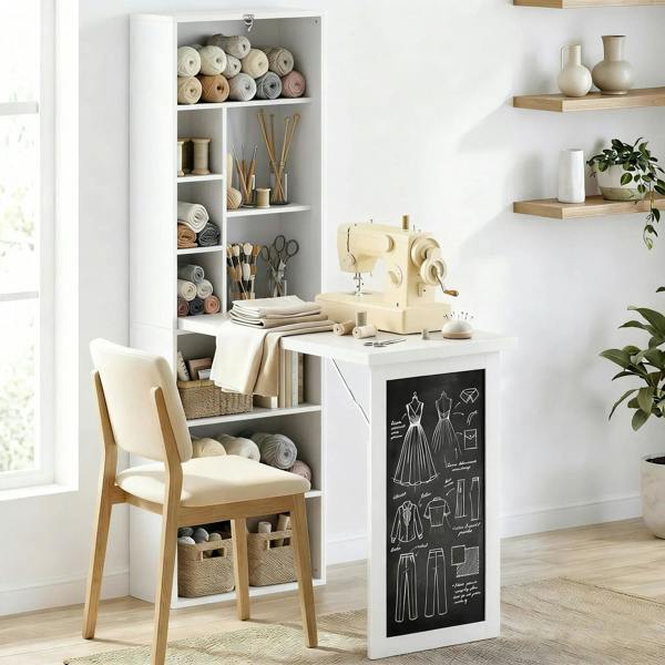 White fold-out work desk with open compartments and a black chalkboard front