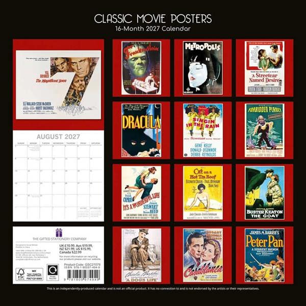 Classic Movies Posters Calendar 2027, Wall Calendars, Month To View, Entertainment, Gift