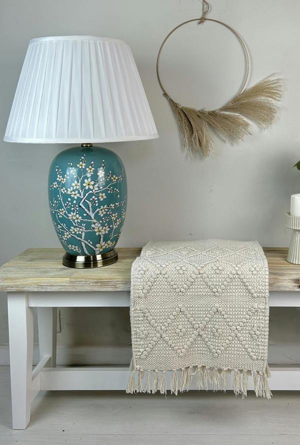 Downton Interiors Teal Green Blossom Ceramic Table Lamp with Plain Shade (G2122 Plain)
