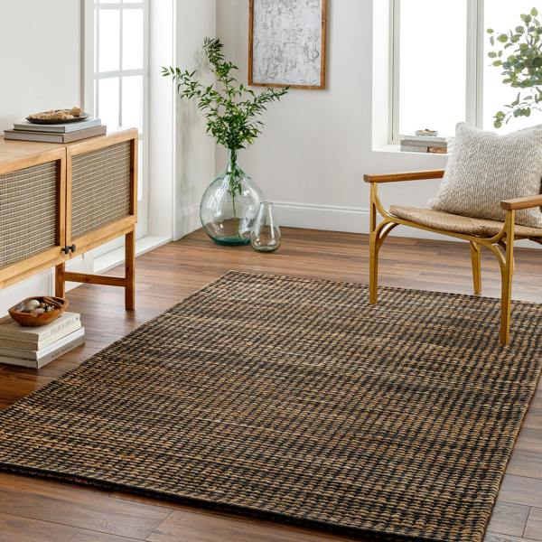 Livabliss Priya-Hand Woven Black Tan Jute Wool Modern Fringe Rug