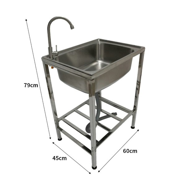 Portable stainless steel camping sink with a sleek design, featuring a single basin, faucet, and sturdy frame dimensions of 79cm height, 60cm width, and 45cm depth