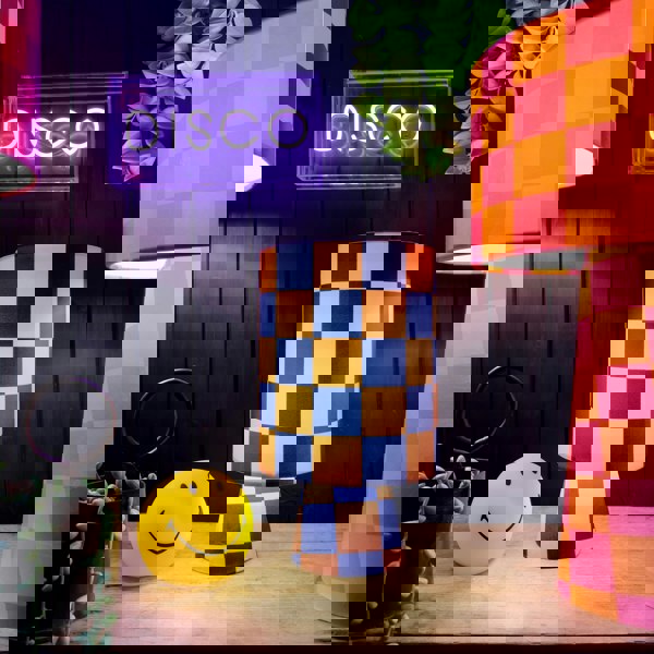 Handmade Checkerboard Velvet lamps in Peach Fuzz. Peach and Indigo Checkerboard Lamps - The Shortie