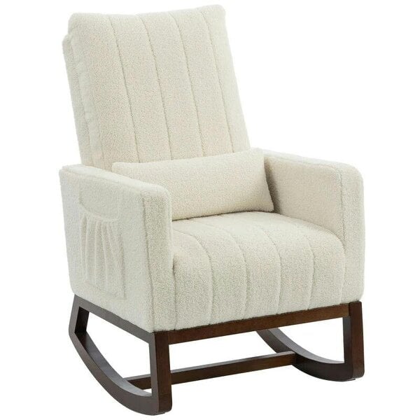 Bobobiy Rocking Chair for Adults, Lounge Rocker Chair with Lumbar Pillow, High Back, Wood Base, Side Pockets, Cream White