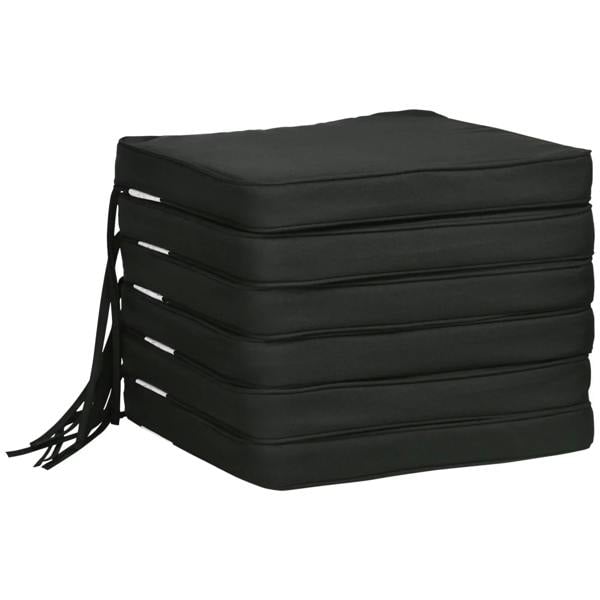 Black seat cushion pad stack with tie straps, stitched channels, square edges.