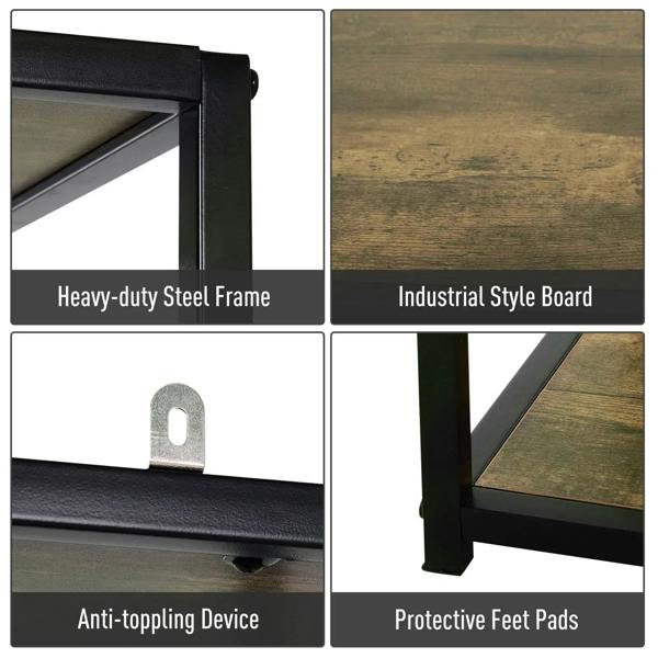 Close-up of black steel frame and rustic brown boards with anti-tip and protective details